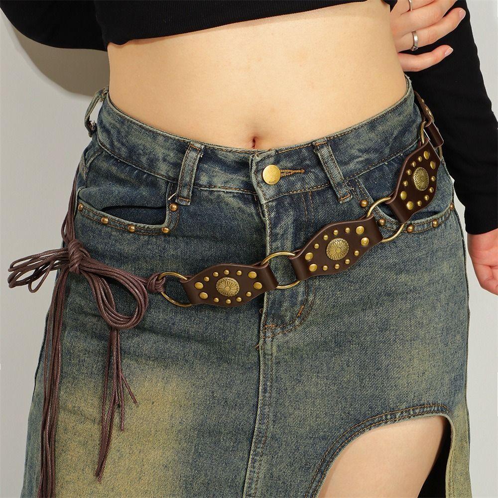 Y2K Hollow Black Western Style Exaggerated Cowboy Wide Disc Belt Metal Buckle Vintage Durable Belt for Women Girls Lolita Punk