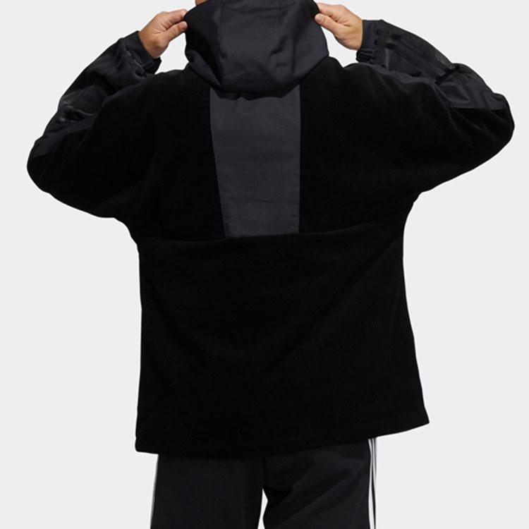 adidas Corduroy Hooded Sports Jacket with Half Zipper and Logo Patchwork Men Jackets Black HD0365