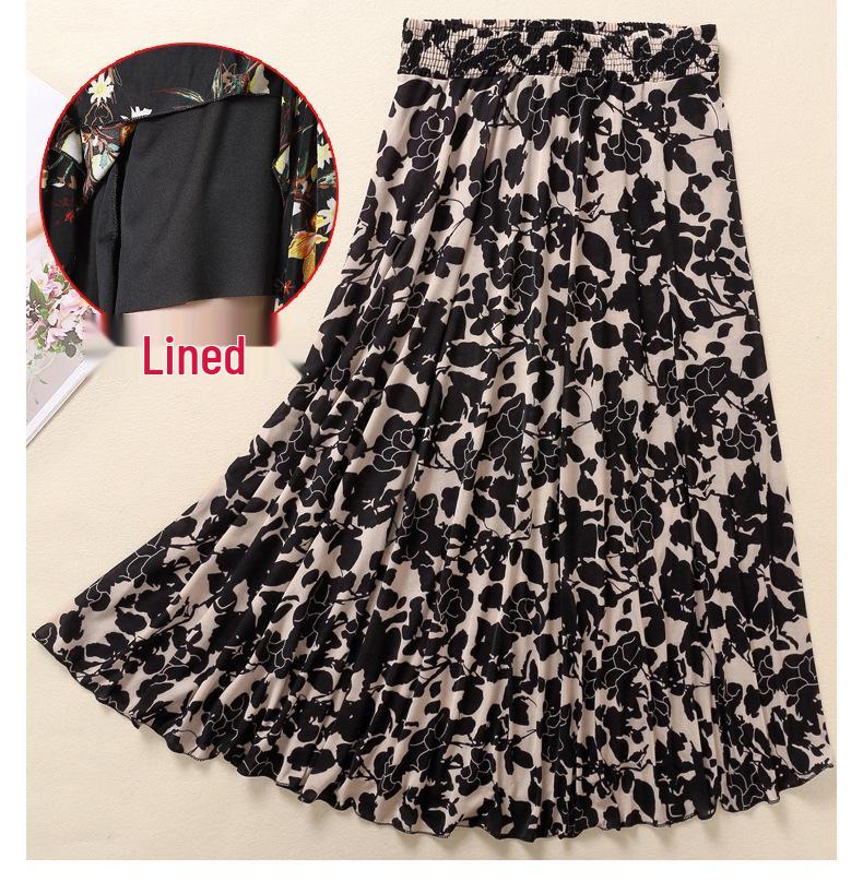 Women's Summer Midi Skirt with Lining - Elegant Swing Ice Silk for Middle-Aged and Elderly