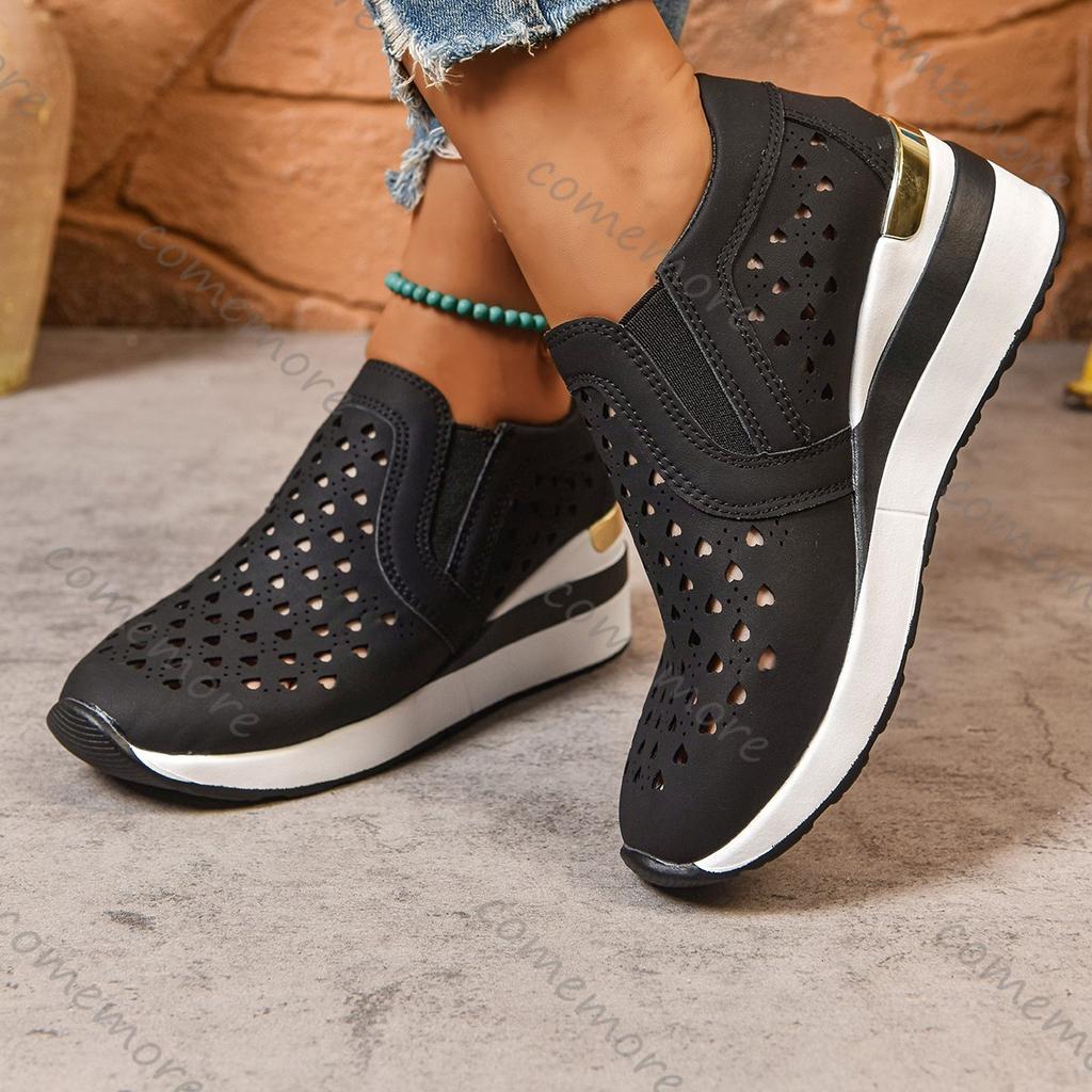 Fashion Comemore Sommer Neue Damen Schuhe Lässige Ausgeschnittene Plateau-Sneakers Keilabsatz High Heel Slipper zum Hineinschlüpfen Vulkanisierte Schuhe für Frau