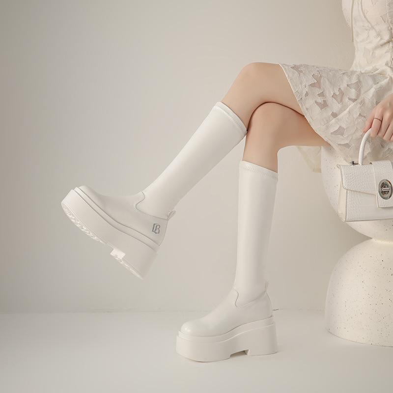 New spot 2025 autumn and winter velvet elastic thin boots, new thick-soled medium-heeled high boots, small and long