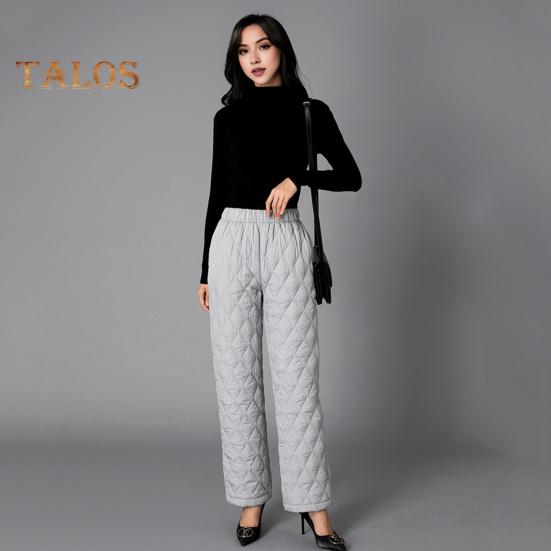 Autumn Winter Cotton Pants Rhombus Quilted Straight Wide Leg Long Pants with Pockets Solid Color Thickened Warm Trousers