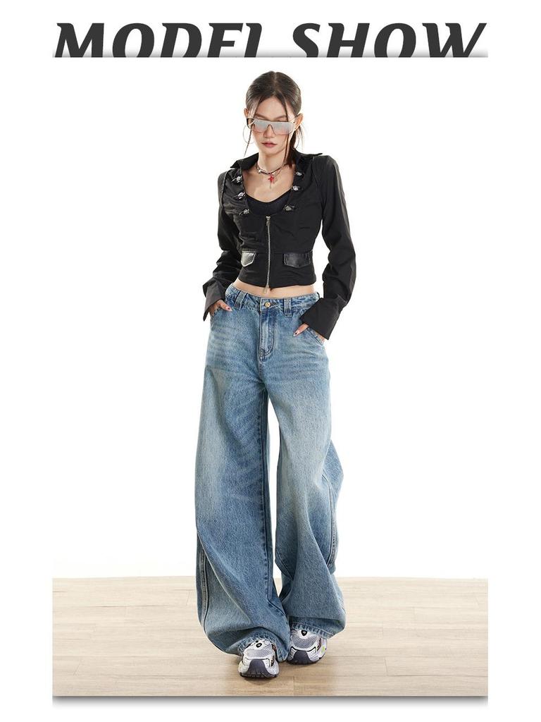 Women's Retro Wide-Leg Jeans: American Design, HK Style, Loose Straight-Leg, Floor-Length