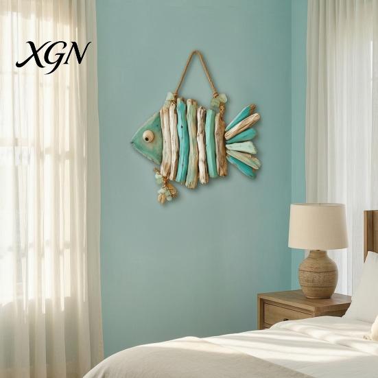 Housewarming Coastal Gifts Fish Handmade Wall Decor, Rustic Hanging Ornament with Sea Glass Nautical Ornaments Jute Rope, Bohemian Beach Style Art for