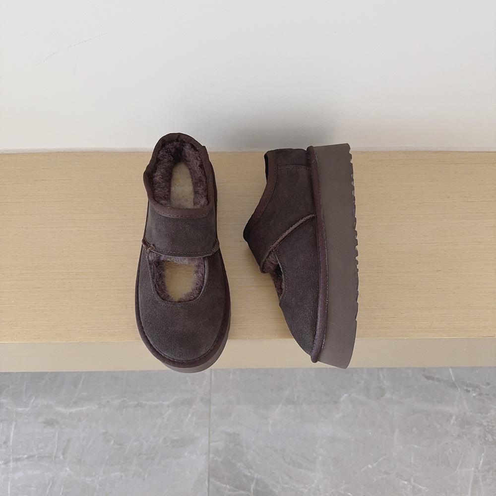 Cowhide Velvet-Lined Women's Winter Mary Janes with Thick Soles
