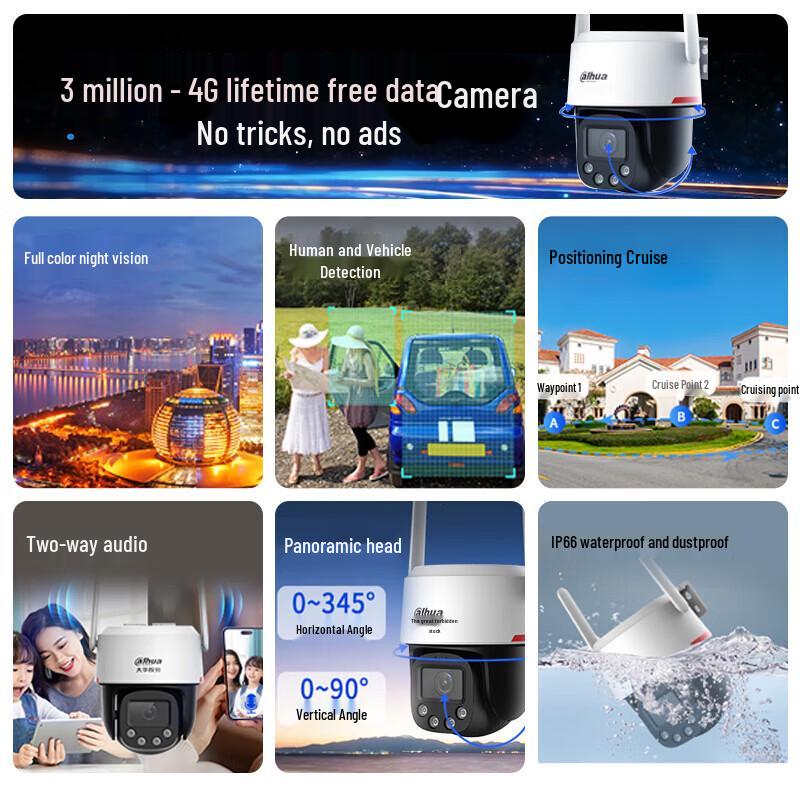 Dahua P3E 4G Outdoor PTZ Security Camera with Full-Color Night Vision CN Plug (adapter Included)