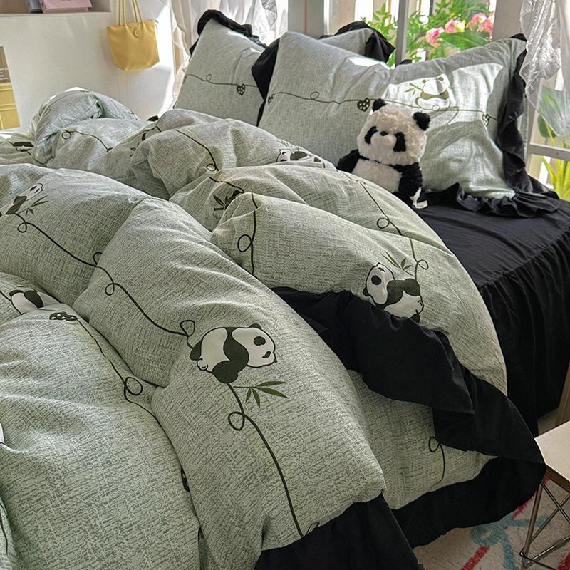 Small Fresh Pure Cotton Four-piece Set Lace Korean Version Princess Style Washed Cotton Bed Skirt Quilt Cover Cream Style Bedding