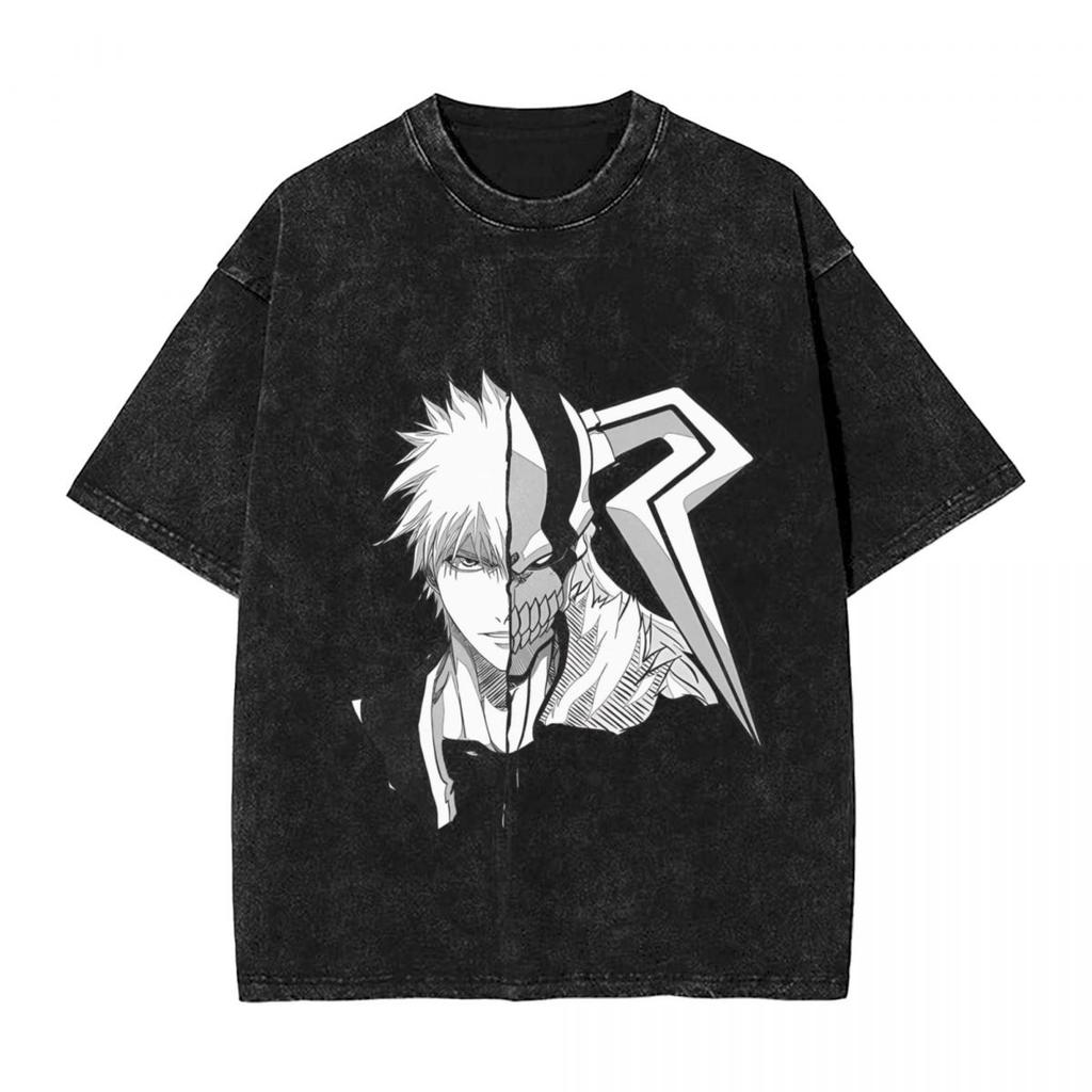 Bleach Kurosaki Ichigo Manga Print Tshirt Vintage Washed Oversized T Shirt Men Women Clothing Casual Cotton Short Sleeve Tees
