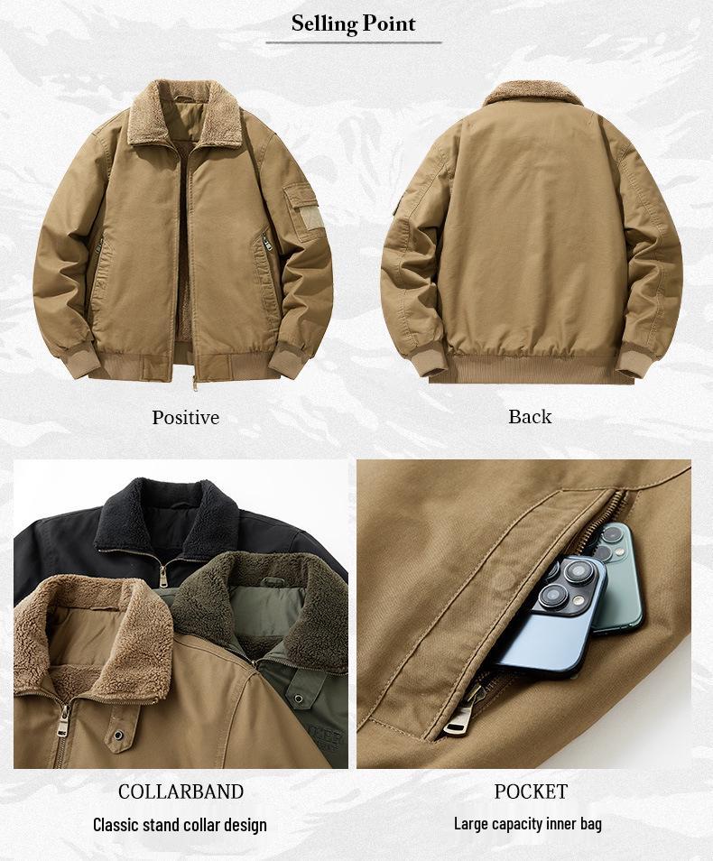 Herren-Arbeitsjacke aus Lammwolle - Dicke, Warme Baumwolljacke mit Samtfutter, Reverskragen, Herbst/Winter Freizeit-Oberbekleidung.