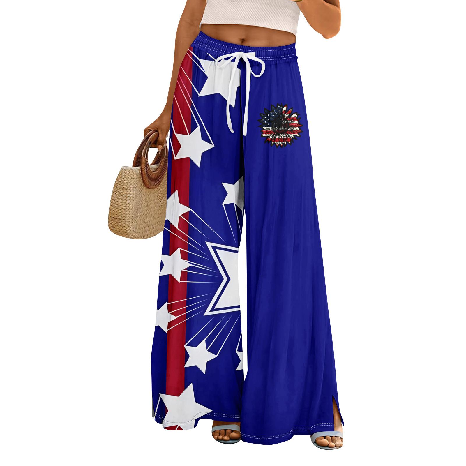 

Женские летние брюки-палаццо в стиле бохо с высокой талией, широкие повседневные брюки с принтом и карманами S тёмно-синий