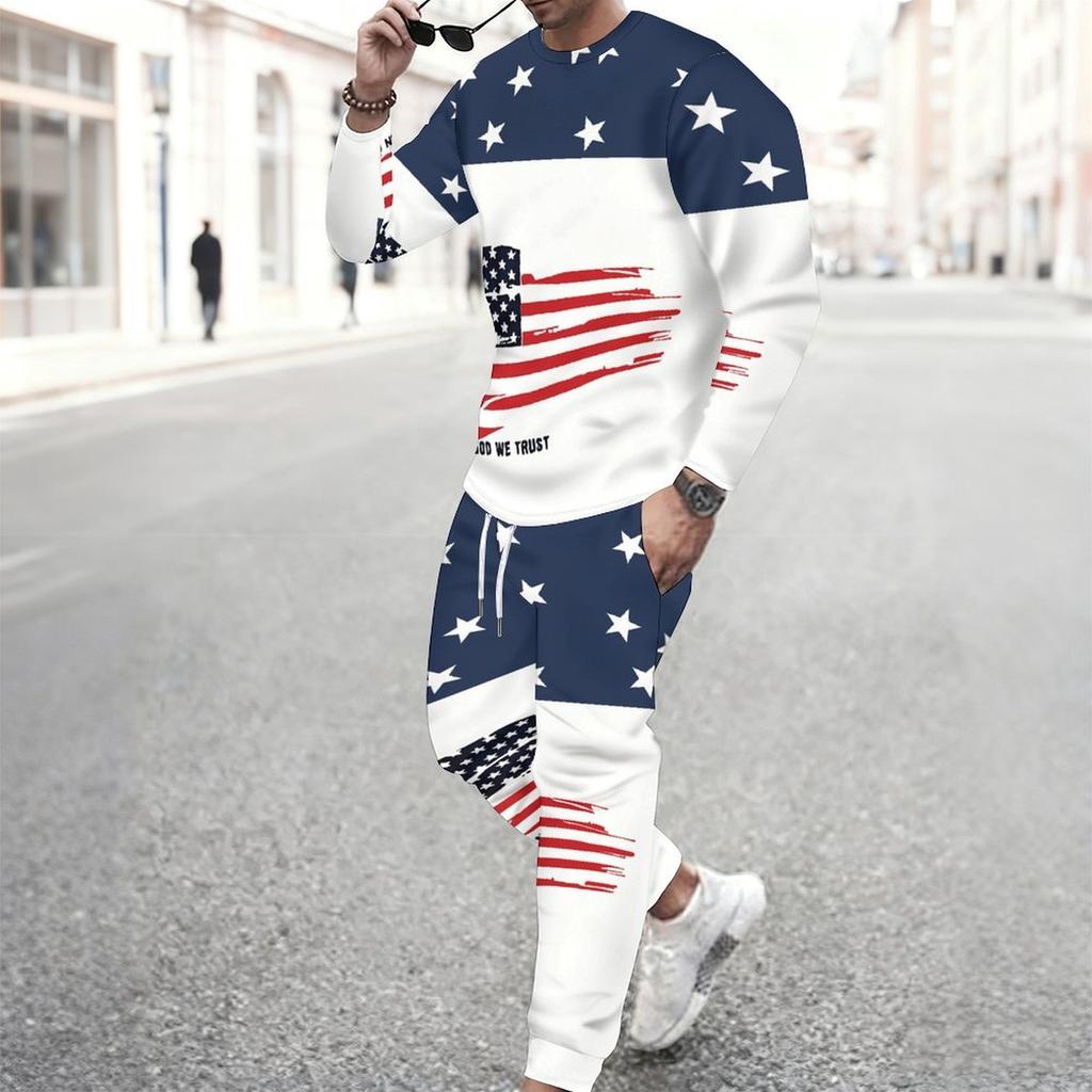 Men Torn Ripped Effect American Flag Star Print Long Sleeve Sweatshirt And Jogger Pants Two Piece Outfit