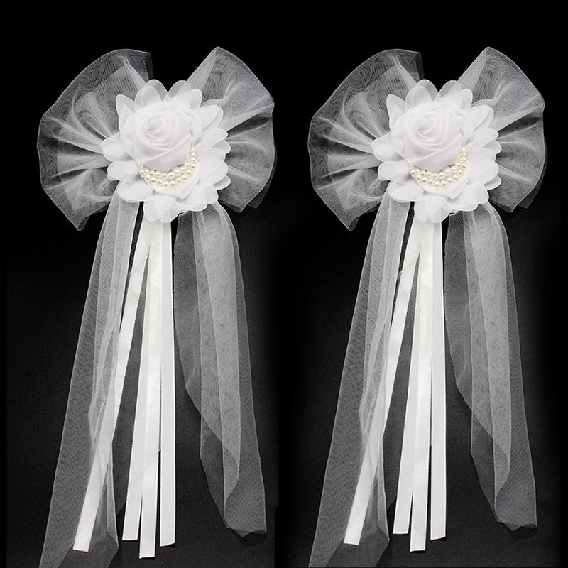 1Pair White High-quality Silk Ribbon Romantic Pearl Bud Party Decor Supplies Wedding Car Decoration Lace Flowers Chair Bow Tie