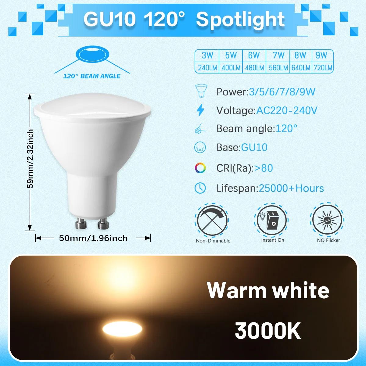 

12PCS LED GU10 Bulb Lamps Spotlight LEDS Light No Flicker 3W 5W 6W 7W 8W 9W Daylight White Lighting 3000K-6000K for Home Foco 3w