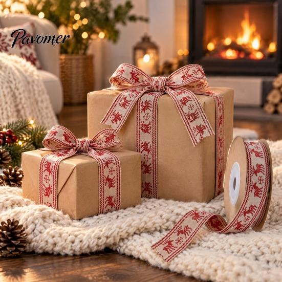 Christmas Gift Wrapping Ribbon Packaging Ribbon, Cotton And Faux Linen Decorative Fabric Roll for Holiday Bundling Wrapping, Floral Arrangement