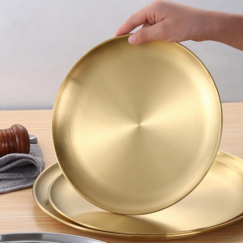 1pc New Stainless Steel Thickened Disc Golden Cafe Tray High Quality Dining Disc Fruit Meat Dessert Round Plate Shallow Tray
