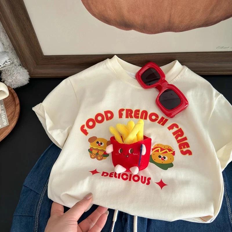 3D Cartoon Burger & Fries Short Sleeve T-shirt – Cute Plush Doll Toy for Parent-Child Wear 160 cm