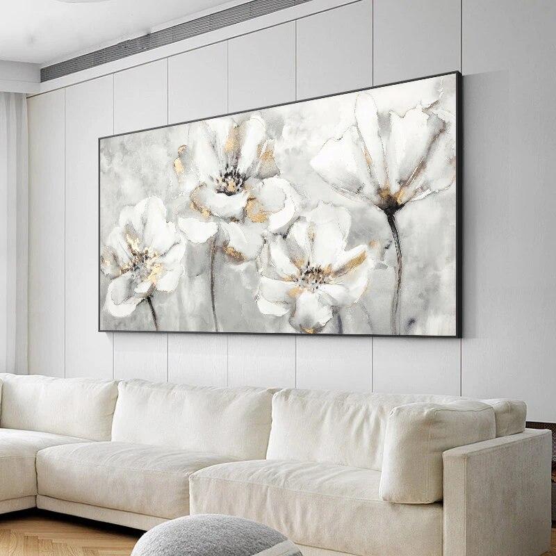 Modern Abstract White and Golden Flower Canvas Painting Prints and Posters Wall Art Pictures for Living Room Home Decor No Frame