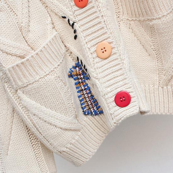 V Neck Long Sleeves Pockets Ribbed Trim Knitted Coat Winter Embroidery Letter Pattern