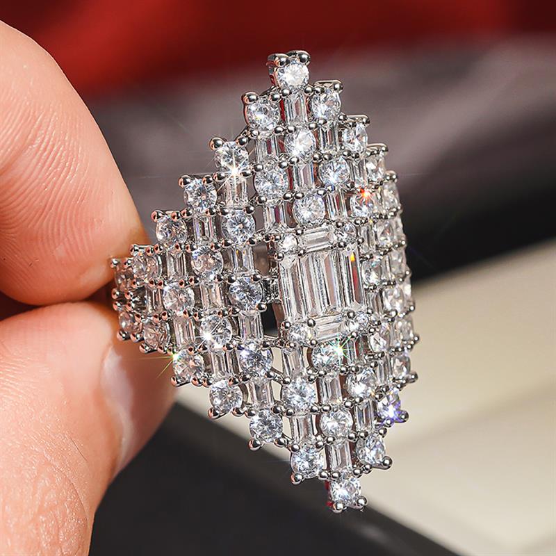 Huitan Sparkling Women Silver Color Ring Geometric Shaped Party Inlaid Shiny CZ Lady Jewelry Fashion Statement Chic AccessoriesGood Product