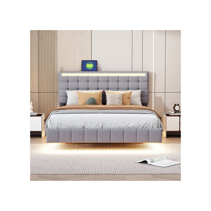 Lit - MUVOE - 140 x 200 cm - Rembourré - LED - Design moderne avec pieds cachés