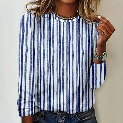 Classic Stripes Print Women's T-shirts Fall Casual Long Sleeves T Shirt Cotton Women Clothing Pullover Loose Streetwear Tops