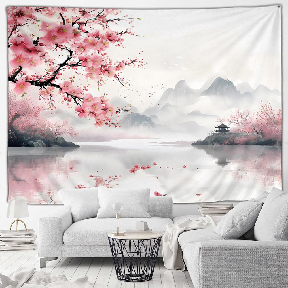 Asian Style Landscape Tapestry Nature Scenery Forest Waterfall Bedroom Living Room Home Wall Hanging Decor Natural Tapestry