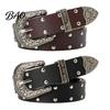 Durable Imitation Leather Belt 105cm Retro Rivet for Women, Adjustable Waist with Double Hot Girl Style Row Grommets & Carved Alloy Buckle, Edgy Jean