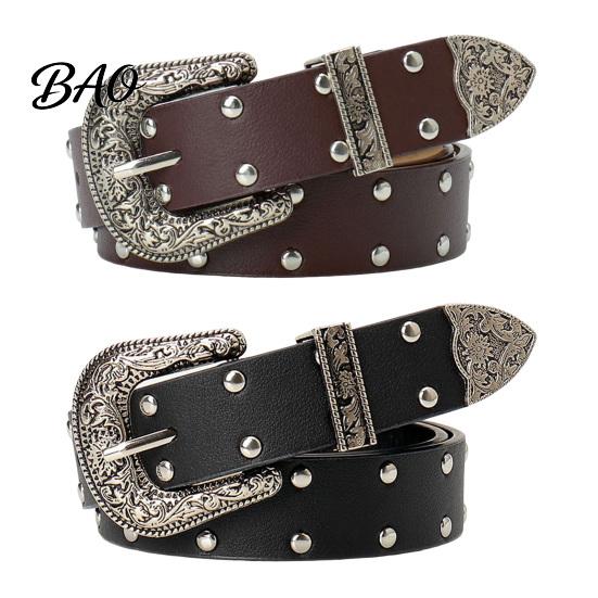 Durable Imitation Leather Belt 105cm Retro Rivet for Women, Adjustable Waist with Double Hot Girl Style Row Grommets & Carved Alloy Buckle, Edgy Jean