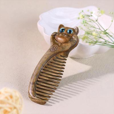 Green Sandalwood Carved Cat Comb - Cute Festival Gift, Portable & Practical