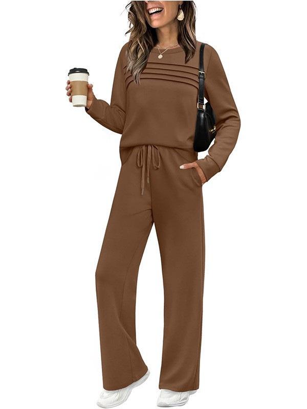 2025 Women's Set: Long Sleeve, Elastic Waist, Wide Leg Pants - Autumn/Winter Casual Wear