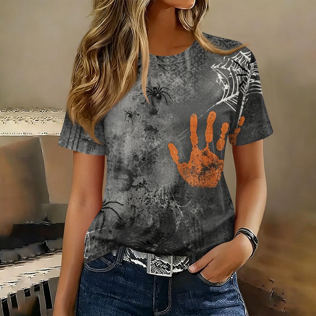 Women's Casual Pullover Short Sleeve T Shirt Halloween Graphic Print Round Neck Top Lightweight Comfortable Fit
