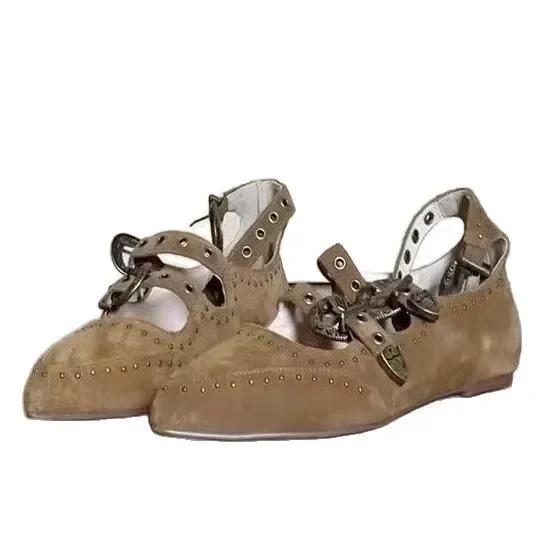 Fashion Retro Pointed Toe Flat Bottom Heightening Soft Leather Mary Jane Shoes Women Brown Rivet Strap Semi-Up Open-Toe Single Shoes