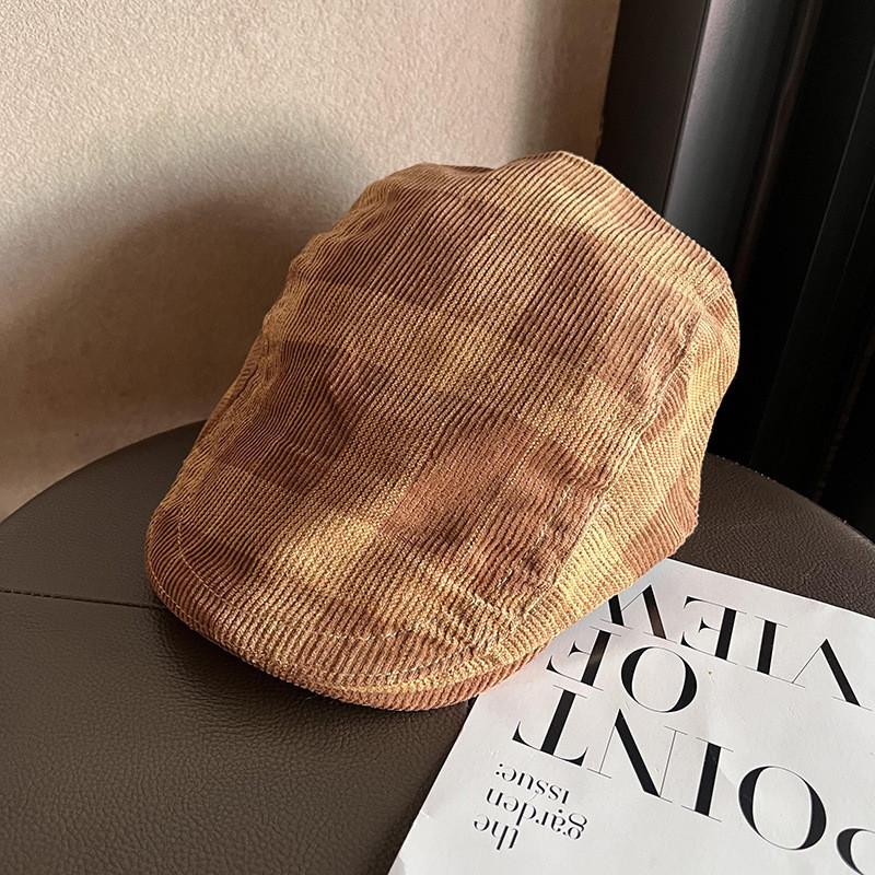 Vintage Style Corduroy Plaid Beret With Sun Shade And Warmth For Urban Fashion Enthusiasts