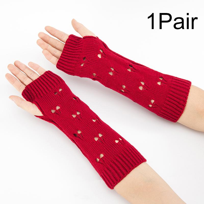 1Pair Fingerless Gloves Half-Finger Hollow Heart Soft Flexible Wool Warm Solid Color Knitted Cold-proof
