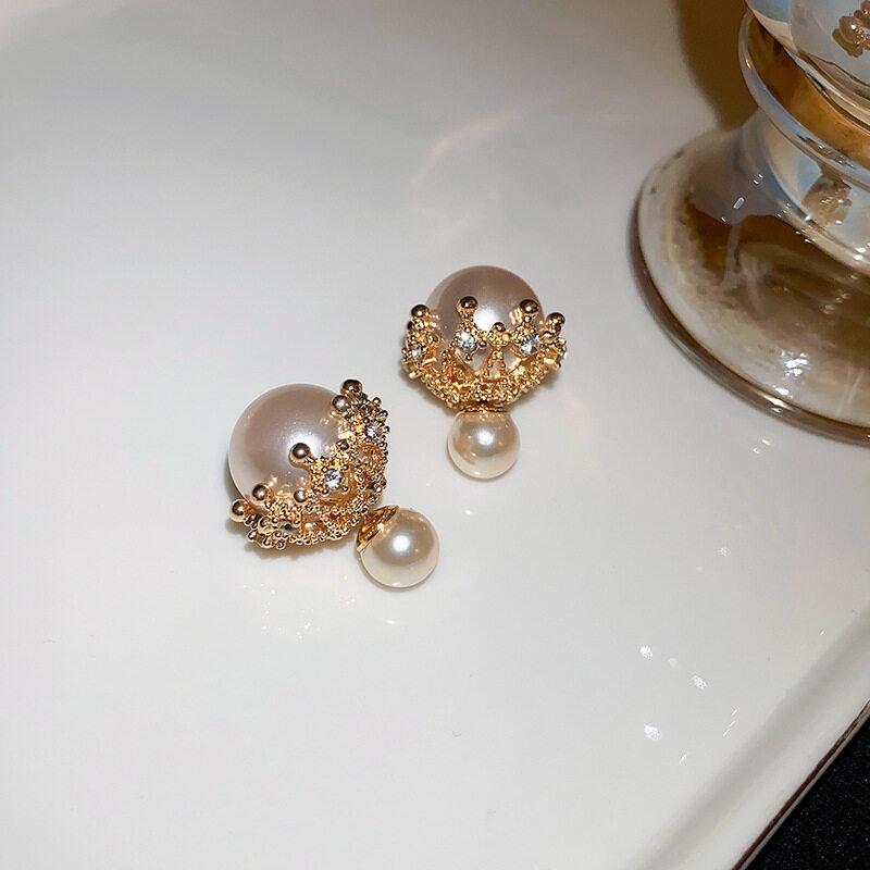 Faux Pearl Two-sided Shell Zircon Earring Elegant Fashion Women Shiny Crystal Imitation Pearl Handmade Earrings Party Jewelry Gift