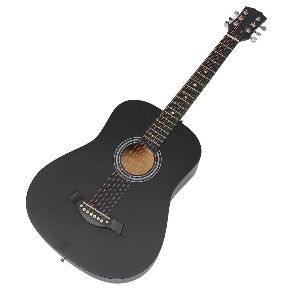 Acoustic Guitar Kit 38 Inch Black Matte Rounded Folk Guitar with Spare Strings Capo Picks Guard Plate Carrying Case