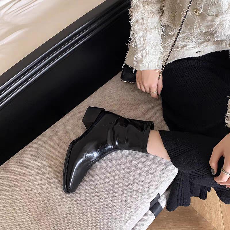 Black thick heel square head thin Martin boots women's shoes 2025 new autumn and winter single boots thin French short boots