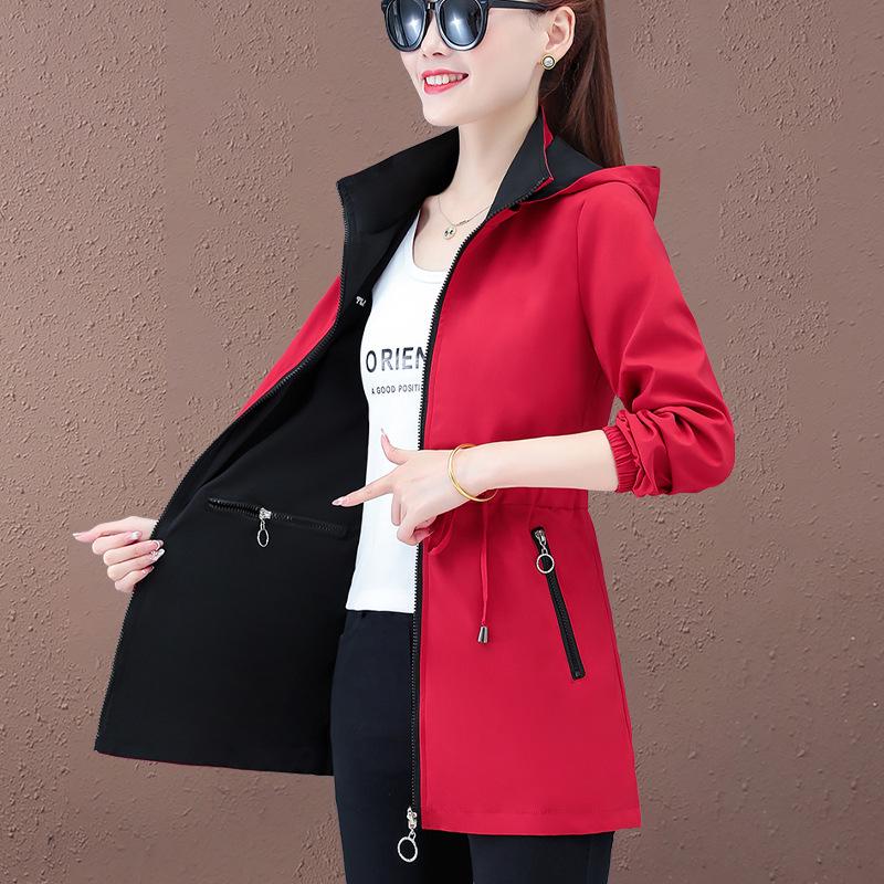 Women's Double-Sided Mid-Length Hooded Trench Coat with Detachable Elastic Waist and Zipper Pockets for Spring and Autumn