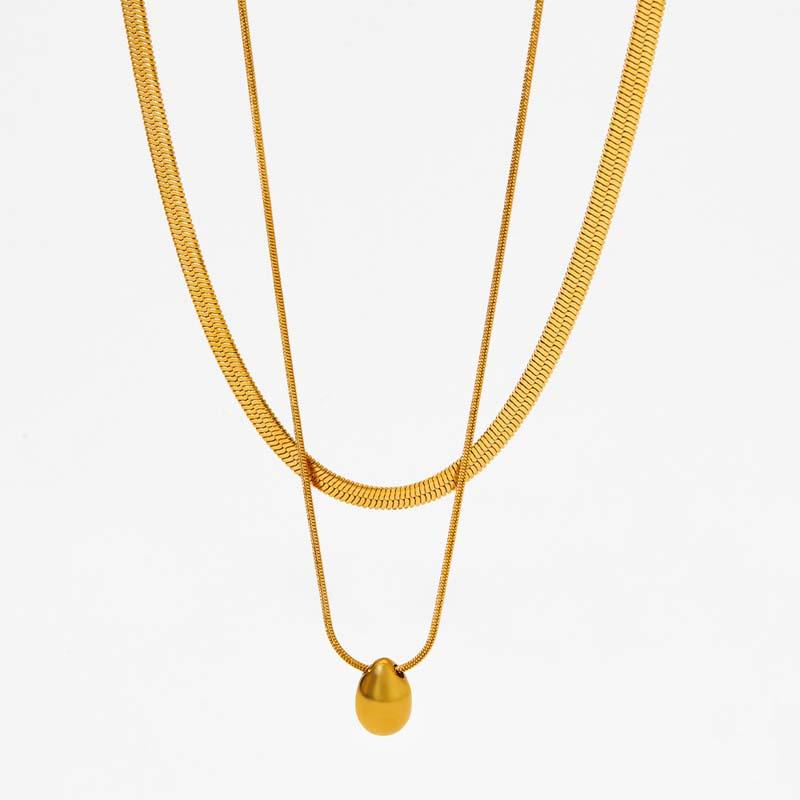 Stainless Steel Double Layer Water Drop Pendant Necklace for Women Vintage Gold Color Snake Bone Chain Necklace Jewelry Gifts