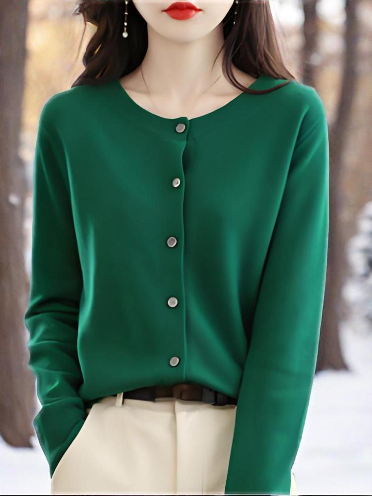 Knitted cardigan, round neck sweater, women's long-sleeved solid color all-match jacket, women's clothing
