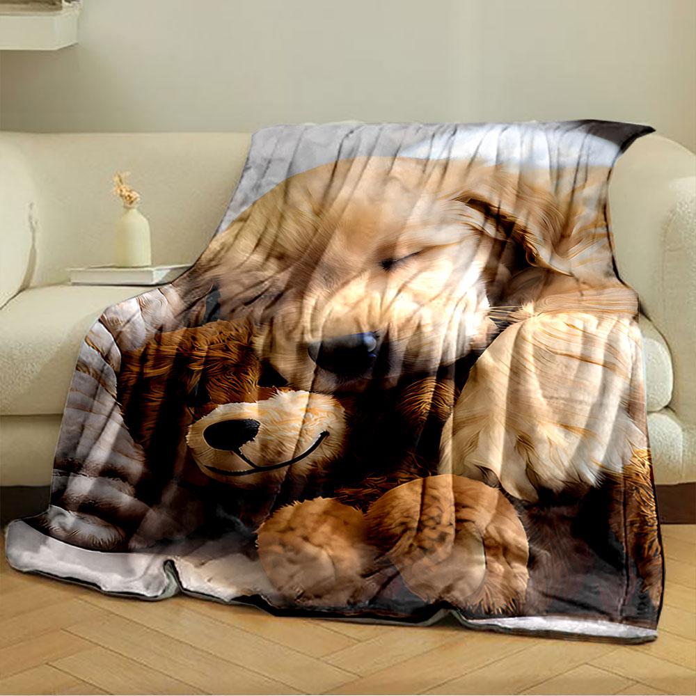 Golden Puppy with Teddy Bear for all seasons blanket lunch break throw gift