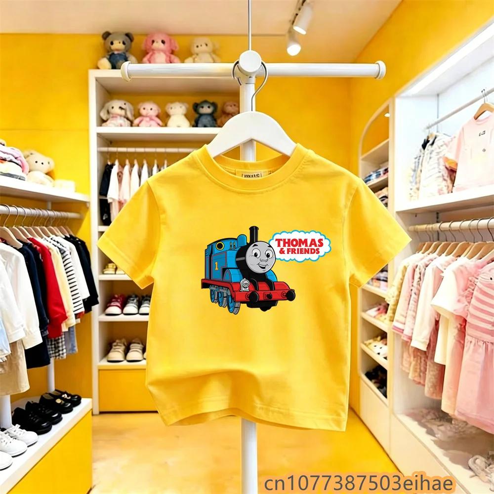 Summer Children Short Sleeve Tshirt Thomas Train Cartoon Print Pure Cotton Y2K Trendy Fun Top Breathable Daily Outdoor Outfit
