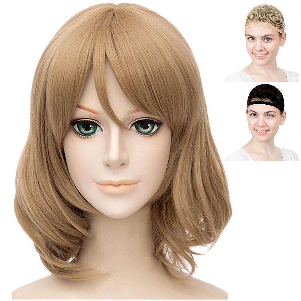 CaseEden Cosplay Wig, Short, 40cm, Heat-Resistant, Light Brown, Includes 2 Wig Nets