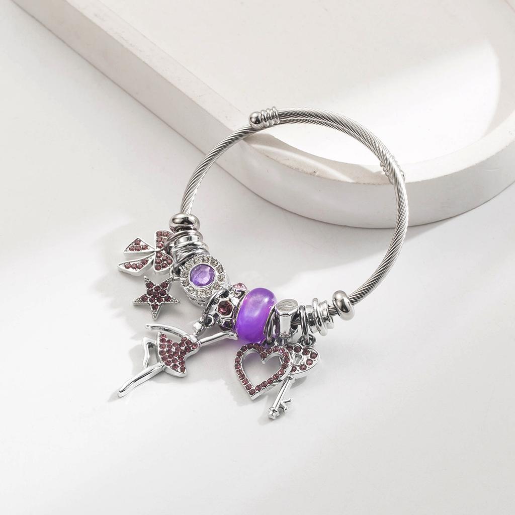 Adjustable Stainless Steel Bracelet Ballet Girl Bow Heart Rhinestone Charms Bangles