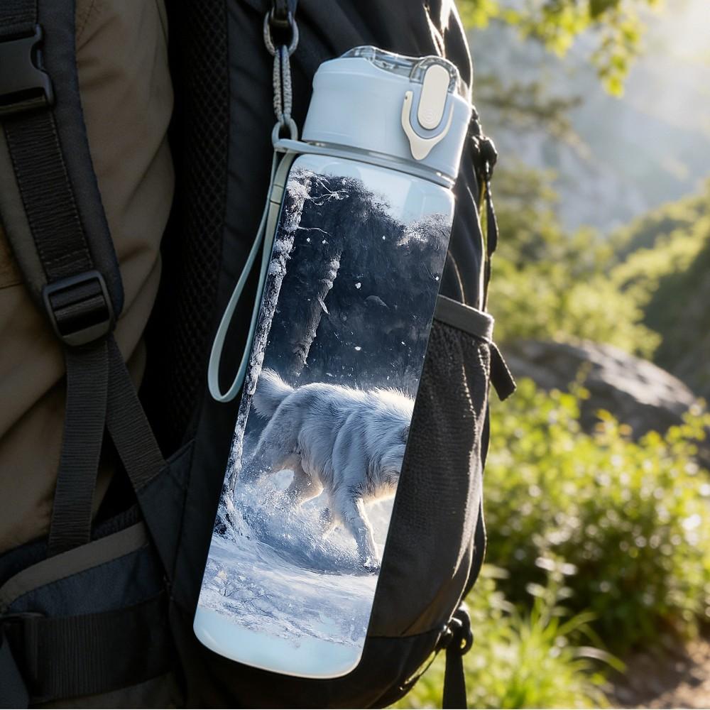 1PC Winter Snow Wolf Wild Animal Print 750ml Color Plastic Sports Water Bottle Leakproof Flip Straw Lid Suitable for Sports Office Home Use