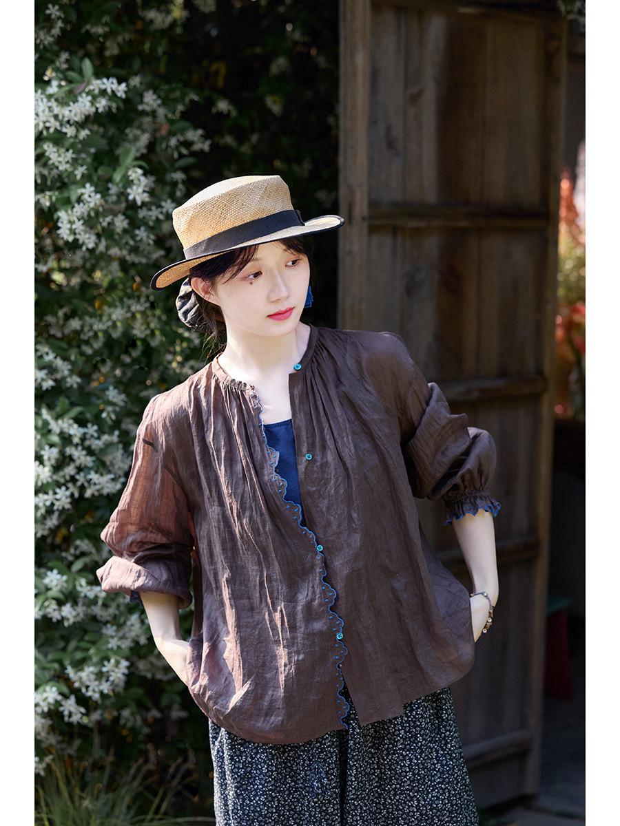 Autumn Retro Brown Ramie Stand Collar Lightweight Casual Shirt L