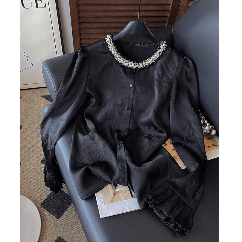 

2026 Spring/Autumn High-End Plus Size Beaded Loose Long Sleeve Shirt for Women Extra Large чёрный