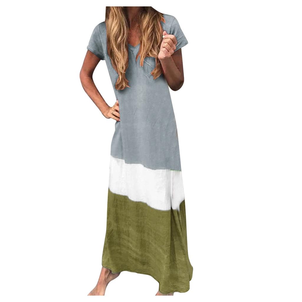 Summer Striped Print Casual Dress Women's V-neck Short Sleeve Vintage Dresses for Women Plus Size Beach Boho Loose Maxi Dress