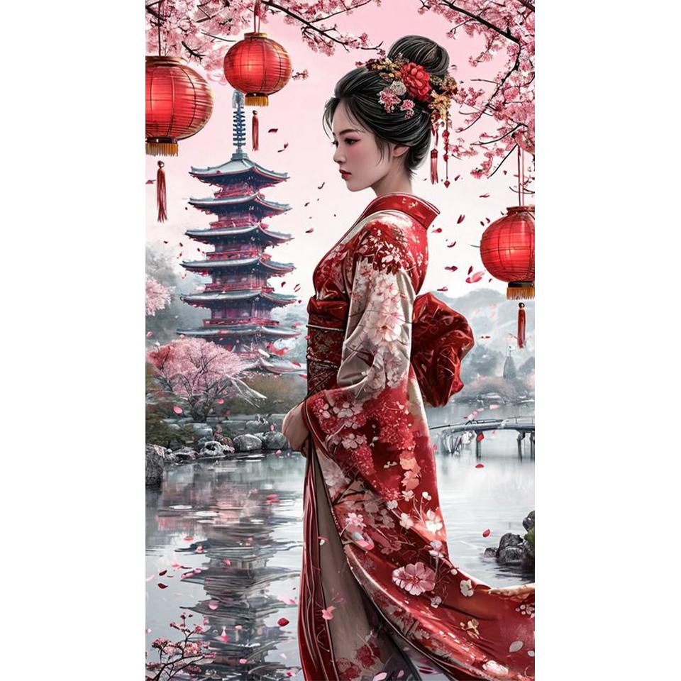 Sakura Pavilion Landscape and Japanese Women's DIY Full Diamond Decorative Painting Diamond Mosaic Cross Embroidery Set