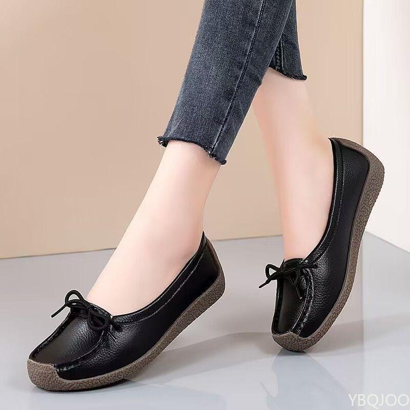 Luxury Summer Mom Shoes Cow tendon sole Women's Flats Anti slip shallow mouth soft soled shoes Solid color lace up flat 2025